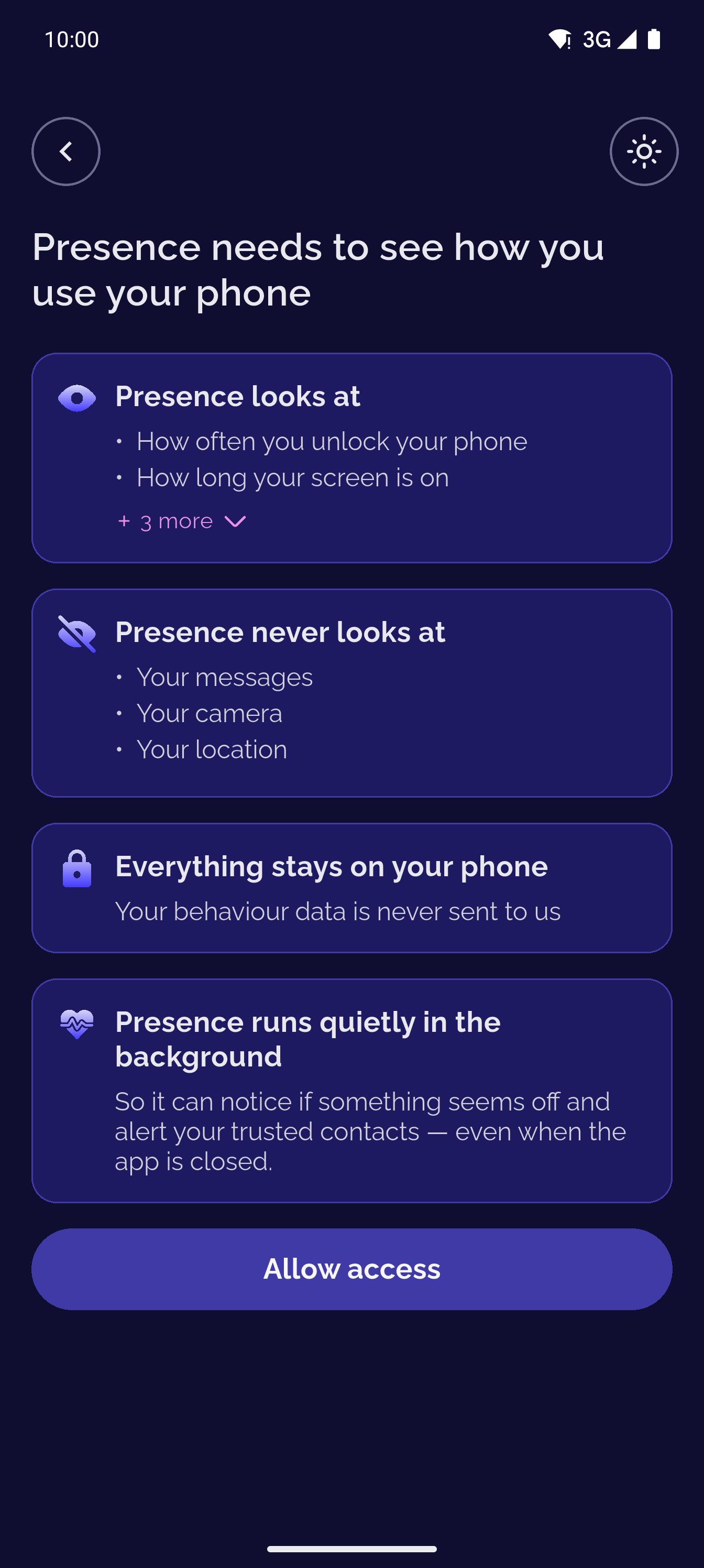 Presence permission screen explaining what it looks at and never looks at
